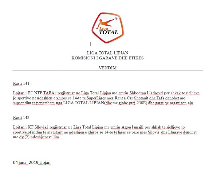 Liga Total e hekurt sa i përket vendimeve diciplinore