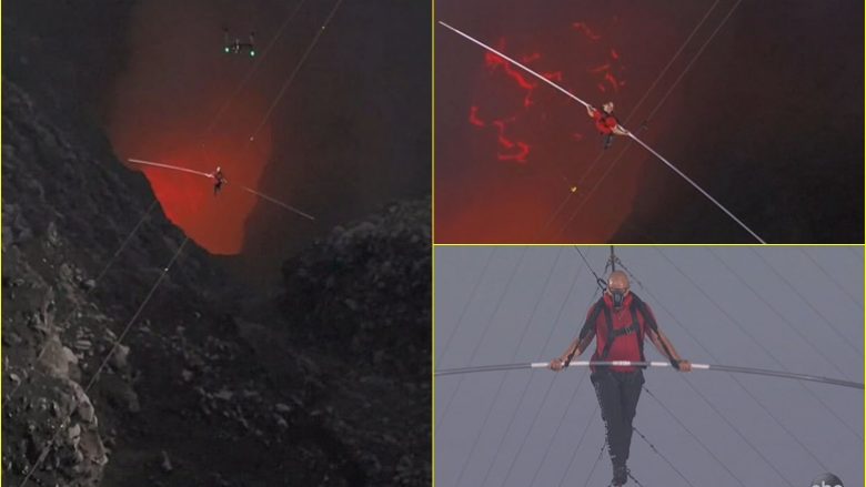 Realizoi marifetin më të rrezikshëm në karrierën e tij – burri eci 600 metra mbi vullkanin aktiv, përgjatë një teli çeliku
