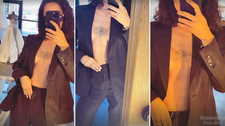 Dafina pozon ‘topless’ para pasqyrës, merr vëmendjen me tatuazhet te pjesa e gjoksit