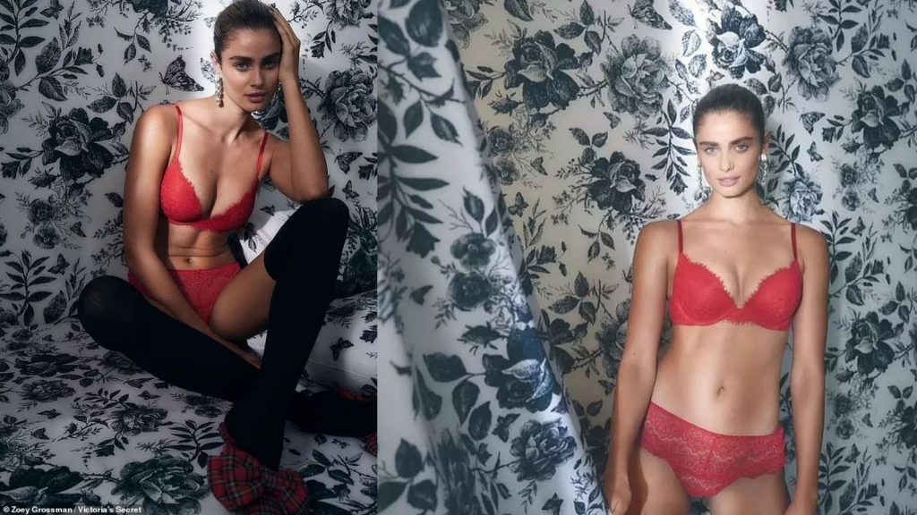 Taylor Hill rrit temperaturat teksa pozon me të brendshme me dantella të kuqe