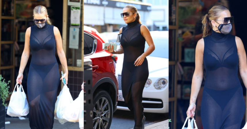 Rita Ora rrugëve tregon të brendshmet veshur me fustan të tejdukshëm gjatë daljes në një super-market