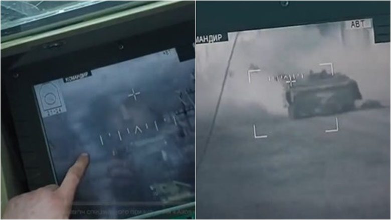 Ushtria ukrainase publikon pamjet nga brenda një makine të blinduar që tregojnë luftimet me forcat ruse pranë Mariupol