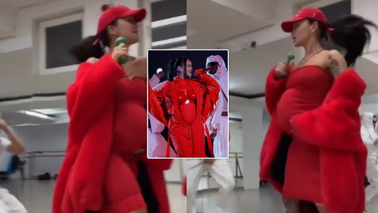 Dafina Zeqiri rikrijon performancën e Rihannas në “Super Bowl” e veshur në të kuqe dhe barkun e fryrë artificial