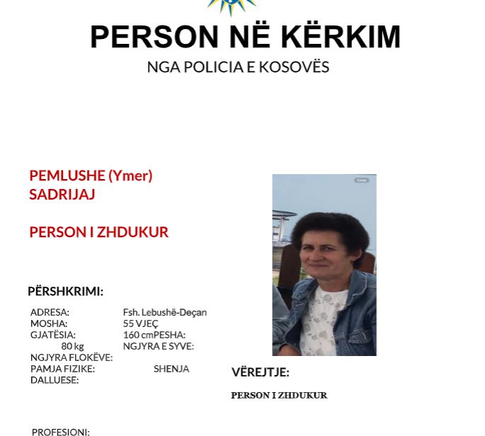 Policia kërkon ndihmën e qytetarëve për gjetjen e një personi të zhdukur